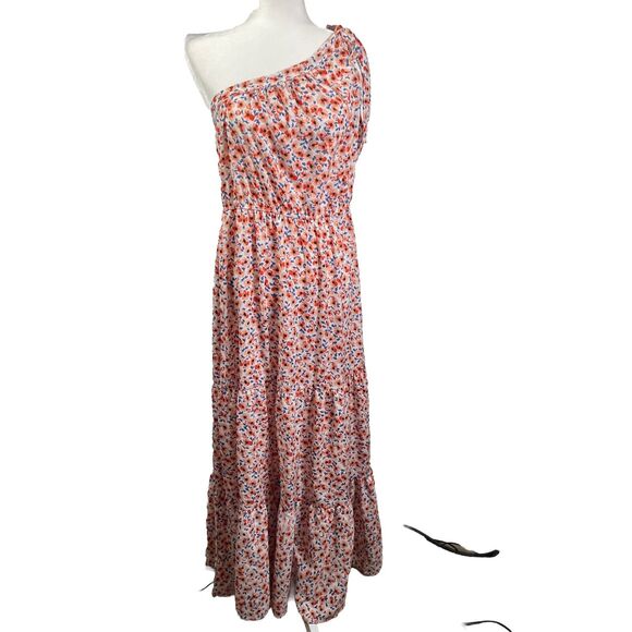 PRETTY GARDEN Floral Maxi Knot One Shoulder Ruffle Hem Boho Dress Size Large - Picture 1 of 9